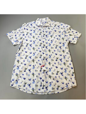 R2 Amsterdam Shirt Mens 43 Neck 17 White Blue Floral Summer Preppy Modern Dutch